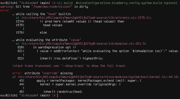 Screenshot of a terminal with a Nix build error message, it complains attribute 'override' is missing somewhere within nixpkgs module machinery, none of the trace is in my code.