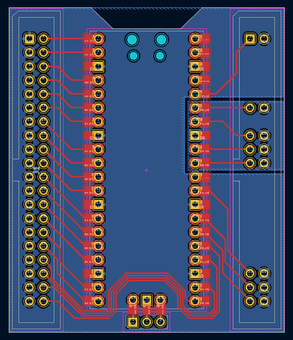 KiCAD PCB editor. A rectangular PCB lined with two 40 pin ICD header connectors,
at the top there is a trapezoidal notch to allow access to the Pico USB port. A
lot of the holes for pins of the right hand side connector are missing.